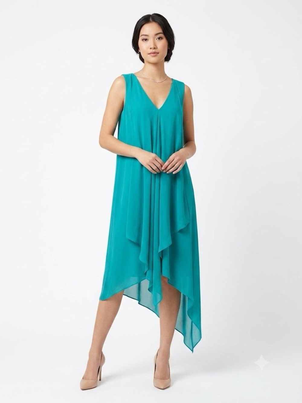RW&CO. Teal Asymmetrical Draped V-Neck Dress